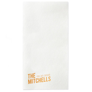 The Bold Angled Names and Date Napkin features modern typography with a custom family name and event date. Add it to your celebration to create a cohesive, polished tablescape guests will notice. Great for wedding receptions or anniversary parties.