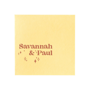 The Retro Wedding Names Napkin features rounded lettering of the couple's names paired with twinkling star accents for a celebratory look. Set it out to add warmth and personality to your table setting. Just right for engagement parties or weddings!