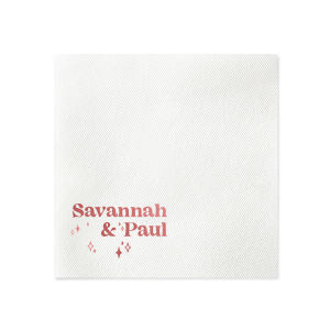 The Retro Wedding Names Napkin features rounded lettering of the couple's names paired with twinkling star accents for a celebratory look. Set it out to add warmth and personality to your table setting. Just right for engagement parties or weddings!