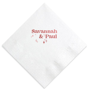 The Retro Wedding Names Napkin features rounded lettering of the couple's names paired with twinkling star accents for a celebratory look. Set it out to add warmth and personality to your table setting. Just right for engagement parties or weddings!
