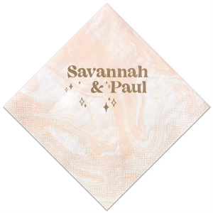 The Retro Wedding Names Napkin features rounded lettering of the couple's names paired with twinkling star accents for a celebratory look. Set it out to add warmth and personality to your table setting. Just right for engagement parties or weddings!