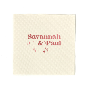 The Retro Wedding Names Napkin features rounded lettering of the couple's names paired with twinkling star accents for a celebratory look. Set it out to add warmth and personality to your table setting. Just right for engagement parties or weddings!