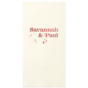 The Retro Wedding Names Napkin features rounded lettering of the couple's names paired with twinkling star accents for a celebratory look. Set it out to add warmth and personality to your table setting. Just right for engagement parties or weddings!
