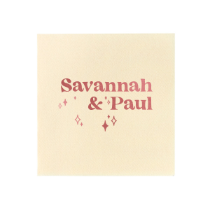 The Retro Wedding Names Napkin features rounded lettering of the couple's names paired with twinkling star accents for a celebratory look. Set it out to add warmth and personality to your table setting. Just right for engagement parties or weddings!