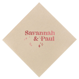 The Retro Wedding Names Napkin features rounded lettering of the couple's names paired with twinkling star accents for a celebratory look. Set it out to add warmth and personality to your table setting. Just right for engagement parties or weddings!