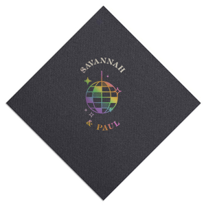 Dance under the stars with ForYourParty.com's 'Retro Wedding Disco Ball Napkin,' foil-printed with a chic disco ball and twinkling stars. Add a touch of vintage glamour to your special day with space for the couple's names, ensuring every detail of your retro wedding shines as bright as your love.