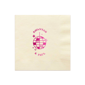 Dance under the stars with Retro Wedding Disco Ball Napkin, featuring a rainbow mirror-ball illustration with playful sparkles. Bring the dance-floor energy to your tablescape with a fun, modern detail. Great for receptions, after-parties, or late-night celebrations.