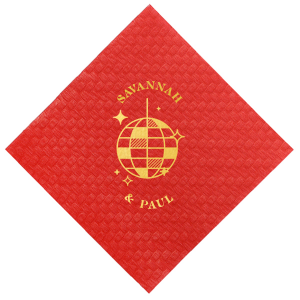 Dance under the stars with ForYourParty.com's 'Retro Wedding Disco Ball Napkin,' foil-printed with a chic disco ball and twinkling stars. Add a touch of vintage glamour to your special day with space for the couple's names, ensuring every detail of your retro wedding shines as bright as your love.