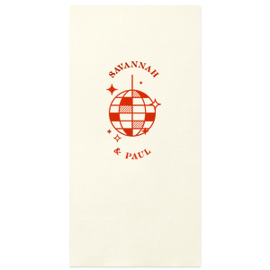 Dance under the stars with Retro Wedding Disco Ball Napkin, featuring a rainbow mirror-ball illustration with playful sparkles. Bring the dance-floor energy to your tablescape with a fun, modern detail. Great for receptions, after-parties, or late-night celebrations.