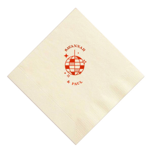 Dance under the stars with Retro Wedding Disco Ball Napkin, featuring a rainbow mirror-ball illustration with playful sparkles. Bring the dance-floor energy to your tablescape with a fun, modern detail. Great for receptions, after-parties, or late-night celebrations.