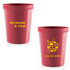 This Retro Wedding Disco Ball Cup features bold lettering of the couple’s names paired with a retro disco ball illustration and event date on the reverse for a party-ready vibe. Grab a set to keep drinks flowing and guests dancing all night. Spot-on for wedding receptions and dance-floor celebrations.