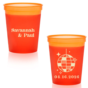 This Retro Wedding Disco Ball Cup features bold lettering of the couple’s names paired with a retro disco ball illustration and event date on the reverse for a party-ready vibe. Grab a set to keep drinks flowing and guests dancing all night. Spot-on for wedding receptions and dance-floor celebrations.