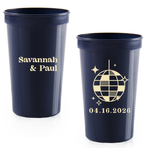This Retro Wedding Disco Ball Cup features bold lettering of the couple’s names paired with a retro disco ball illustration and event date on the reverse for a party-ready vibe. Grab a set to keep drinks flowing and guests dancing all night. Spot-on for wedding receptions and dance-floor celebrations.