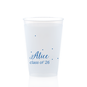 Bubbly Bliss. Add a touch of whimsy to your celebration with the Sweet Polka Dot Celebration Cup. Featuring a delightful smattering of polka dots that evoke confetti or bubbles, this design energizes any event. The sweet dots provide a charming backdrop for the celebrant’s name in elegant script and the event details below.

