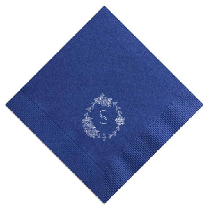 The Peony Frame Monogram Initial Napkin embodies Victorian elegance with its detailed floral arrangement of peonies, symbolizing happiness and prosperity. With the celebrant's initial in the center, this napkin conveys an air of sophistication and natural beauty. 