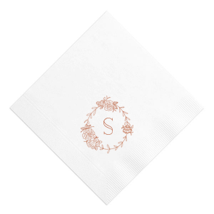 The Peony Frame Monogram Initial Napkin embodies Victorian elegance with its detailed floral arrangement of peonies, symbolizing happiness and prosperity. With the celebrant's initial in the center, this napkin conveys an air of sophistication and natural beauty. 