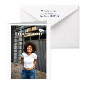 Customize this graduation thank you card with a photo of the grad! This personalized note card is perfect for giving out at a graduation party. 