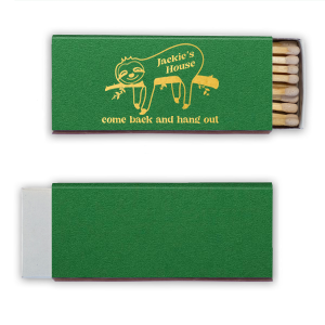 The Sloth Come Back and Hang Out Matchbook features a laid-back sloth illustration lounging on a branch with a playful “come back and hang out” message. Grab yours to add humor and personality to your gathering space. Perfect for housewarming parties or casual get-togethers.