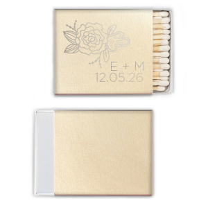 Celebrate love and prosperity with the Symbolic Peony Match, where floral beauty meets symbolic meaning. The design features a detailed peony, a flower emblematic of happiness and marital bliss, positioned elegantly in the upper left. Below, the couple's initials and the event date merge traditional symbolism with modern flair, making this matchbook a meaningful and stylish addition to any wedding celebration.