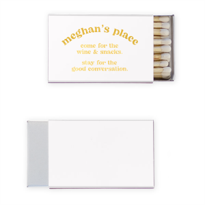 Your Apartment Matchbook showcases arched lettering to displace your name and the phrase “come for the wine & snacks, stay for the good conversation.” Spark cozy vibes and playful hospitality with every strike. Perfect for dinner parties or hostess gifts.