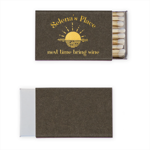 The Sunset Next Time Bring Wine Matchbook features curved lettering with a customizable location and a simple sunset illustration. Add it to set a playful tone and hint at future visits with charm. A natural choice for dinner parties or friendly house visits.