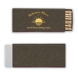 The Sunset Next Time Bring Wine Matchbook features curved lettering with a customizable location and a simple sunset illustration. Add it to set a playful tone and hint at future visits with charm. A natural choice for dinner parties or friendly house visits.