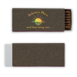 The Sunset Next Time Bring Wine Matchbook features curved lettering with a customizable location and a simple sunset illustration. Add it to set a playful tone and hint at future visits with charm. A natural choice for dinner parties or friendly house visits.