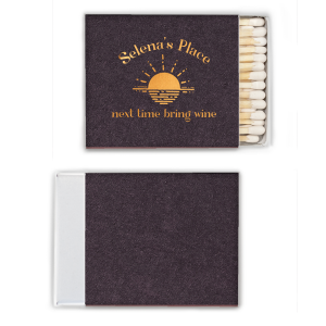 The Sunset Next Time Bring Wine Matchbook features curved lettering with a customizable location and a simple sunset illustration. Add it to set a playful tone and hint at future visits with charm. A natural choice for dinner parties or friendly house visits.