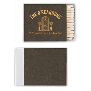 The Family Front Door Matches features a welcoming doorway sketch, charming potted accents, and arched typography with customizable name, address, and city. Add it to your entry table to create a warm first impression that guests remember. Ideal for housewarmings and new-home celebrations!