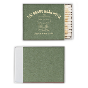 Whether you run an actual hotel or house rental, or just want to please your friends with sassy custom printed matches, our Hotel Check Out matchboxes will be a hit.  Customize with 2 line of personalized text above and below an illustration of a house. Your friends and guests will be impressed with your attention to detail!