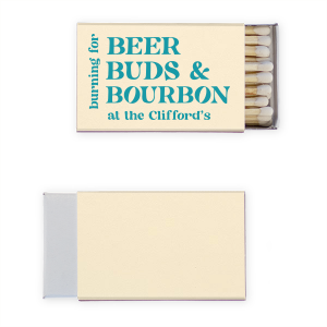 The Beer Buds & Bourbon Matches features stacked lettering and playful phrasing inspired by drinks. Grab one to add humor and warmth to your hosting essentials. Perfect for game nights, or casual gatherings.