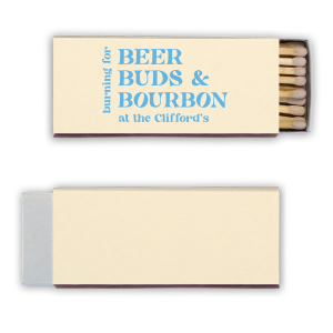 The Beer Buds & Bourbon Matches features stacked lettering and playful phrasing inspired by drinks. Grab one to add humor and warmth to your hosting essentials. Perfect for game nights, or casual gatherings.