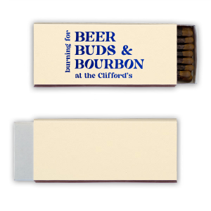 The Beer Buds & Bourbon Matches features stacked lettering and playful phrasing inspired by drinks. Grab one to add humor and warmth to your hosting essentials. Perfect for game nights, or casual gatherings.