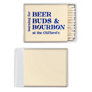 The Beer Buds & Bourbon Matches features stacked lettering and playful phrasing inspired by drinks. Grab one to add humor and warmth to your hosting essentials. Perfect for game nights, or casual gatherings.
