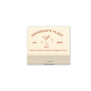 This Retro Martini Where Every Hour Is Happy Hour custom matchbox favor features mid-century cocktail art, a sleek martini glass illustration, and a playful phrase with an establishing date. Delight guests with a keepsake they’ll actually use. Perfect for anniversaries or milestone celebrations.