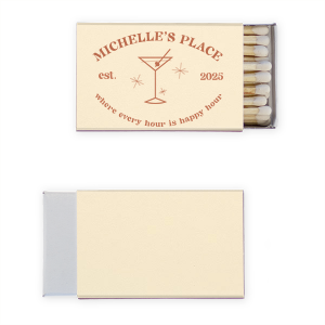 This Retro Martini Where Every Hour Is Happy Hour custom matchbox favor features mid-century cocktail art, a sleek martini glass illustration, and a playful phrase with an establishing date. Delight guests with a keepsake they’ll actually use. Perfect for anniversaries or milestone celebrations.