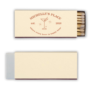 This Retro Martini Where Every Hour Is Happy Hour custom matchbox favor features mid-century cocktail art, a sleek martini glass illustration, and a playful phrase with an establishing date. Delight guests with a keepsake they’ll actually use. Perfect for anniversaries or milestone celebrations.