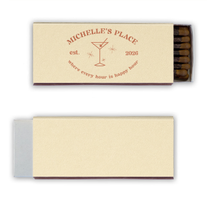 This Retro Martini Where Every Hour Is Happy Hour custom matchbox favor features mid-century cocktail art, a sleek martini glass illustration, and a playful phrase with an establishing date. Delight guests with a keepsake they’ll actually use. Perfect for anniversaries or milestone celebrations.