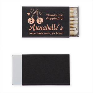 The Retro Cherry Thanks For Stopping By Matchbook is decorated with playful white hearts and smiling cherry illustrations. Delight your guests with this charming, personalized keepsake that includes a friendly "thanks for stopping by" message with a twang. This favor is perfect for casual birthday parties and summer reunions.