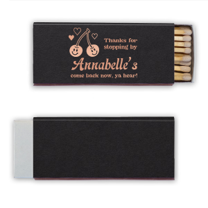 The Retro Cherry Thanks For Stopping By Matchbook is decorated with playful white hearts and smiling cherry illustrations. Delight your guests with this charming, personalized keepsake that includes a friendly "thanks for stopping by" message with a twang. This favor is perfect for casual birthday parties and summer reunions.