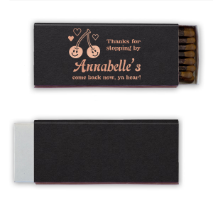 The Retro Cherry Thanks For Stopping By Matchbook is decorated with playful white hearts and smiling cherry illustrations. Delight your guests with this charming, personalized keepsake that includes a friendly "thanks for stopping by" message with a twang. This favor is perfect for casual birthday parties and summer reunions.