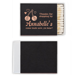 The Retro Cherry Thanks For Stopping By Matchbook is decorated with playful white hearts and smiling cherry illustrations. Delight your guests with this charming, personalized keepsake that includes a friendly "thanks for stopping by" message with a twang. This favor is perfect for casual birthday parties and summer reunions.