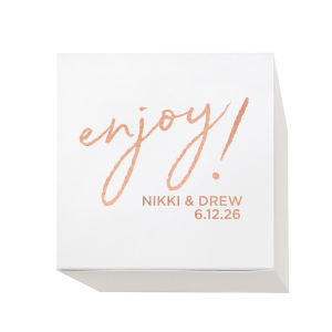 Invite a burst of happiness with the Enjoy! Favor Box. The design centers around a playful “Enjoy!” in whimsical, lower-case script, exuding an air of fun and excitement. Beneath this cheerful exclamation, the couple’s names and the celebration date add a personal touch, making this favor box a delightful parting gift to their guests. "