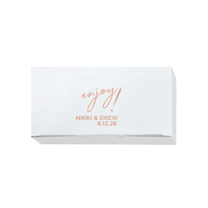 Invite a burst of happiness with the Enjoy! Favor Box. The design centers around a playful “Enjoy!” in whimsical, lower-case script, exuding an air of fun and excitement. Beneath this cheerful exclamation, the couple’s names and the celebration date add a personal touch, making this favor box a delightful parting gift to their guests. "