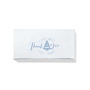 Package your gratitude with the Sweet Thank You Gift Box, featuring a whimsical wedding cake graphic and a heartfelt message. 'A Very Sweet Thank You' encircles the design, with the couple’s names sweetly finishing off this token of appreciation.