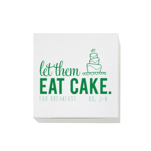 Indulge your guests with the Let Them Eat Cake Favor Box, where a joyous wedding cake and floating hearts invite a deliciously cheeky suggestion. 'Let them Eat Cake For Breakfast'—a whimsical farewell for a slice of morning-after bliss, personalized with the couple’s names