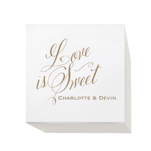 Relive sweet memories with the Love Is Sweet Box, echoing the charm of vintage cake boxes. It features "Love is Sweet" in beautiful script. Below, the couple's first names add a personalized touch, reminiscent of a cherished neighborhood bakery, celebrating the sweetness of love and the couple.