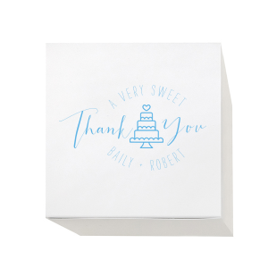 Package your gratitude with the Sweet Thank You Gift Box, featuring a whimsical wedding cake graphic and a heartfelt message. 'A Very Sweet Thank You' encircles the design, with the couple’s names sweetly finishing off this token of appreciation.
