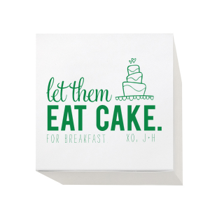 Indulge your guests with the Let Them Eat Cake Favor Box, where a joyous wedding cake and floating hearts invite a deliciously cheeky suggestion. 'Let them Eat Cake For Breakfast'—a whimsical farewell for a slice of morning-after bliss, personalized with the couple’s names