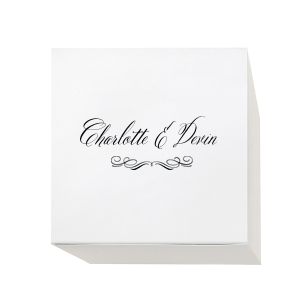 Send your guests home in style with Formal Script Wedding Boxes. Fit for royalty, each box features a grand script underscored by an exquisite flourish. A touch of elegance, these boxes elegantly convey the newlyweds' gratitude while leaving a lasting impression of class. 